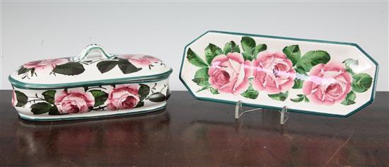 A Wemyss cabbage rose pattern pen box and cover and a similar tray, early 20th century, 20.5cm and 24.5cm, repair to box